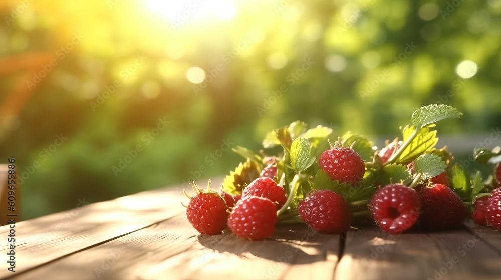 Fresh berries on wooden table with blurred background in garden. Fresh berries on wooden table with blurred background in garden.