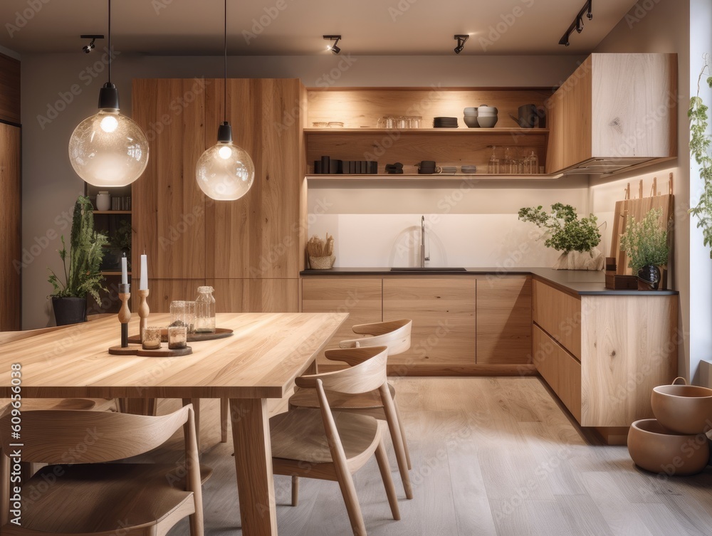 Contemporary wooden dining room and kitchen. Generative AI Contemporary wooden dining room and kitchen. Generative AI