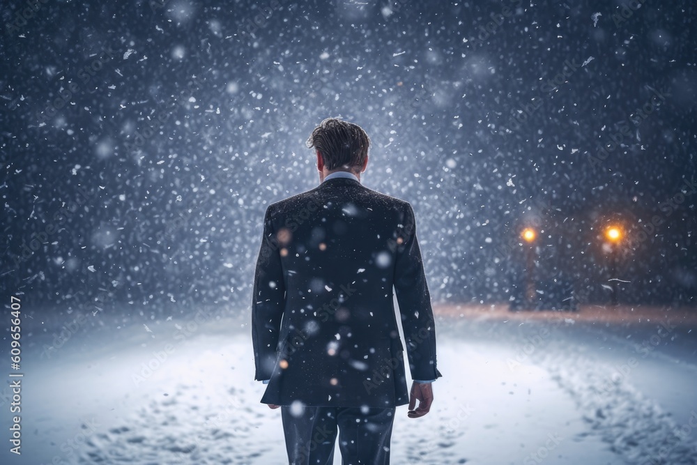 Back View of Business Professional in Heavy Snowfall Back View of Business Professional in Heavy Snowfall