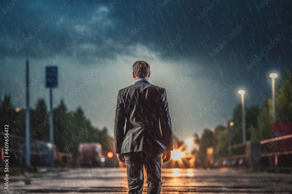 Back View of Business Professional Walking Amidst a Tempest Back View of Business Professional Walking Amidst a Tempest
