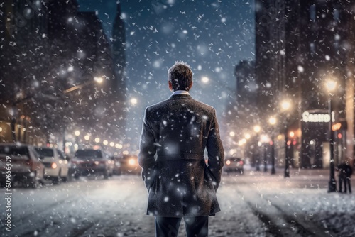 Back View of Business Professional in Heavy Snowfall