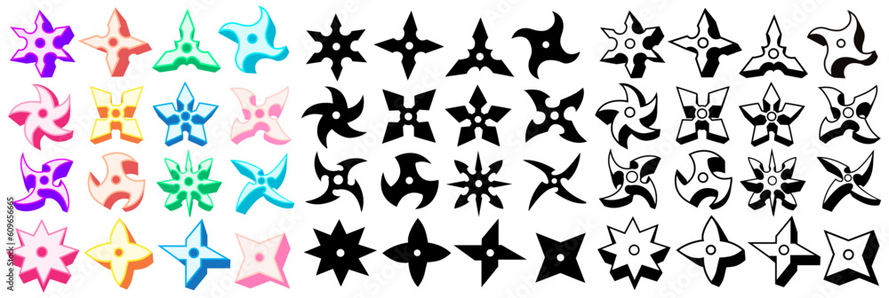 Set trendy shuriken icon logo. Ninja stars throwing weapon design vector llustration Set trendy shuriken icon logo. Ninja stars throwing weapon design vector llustration