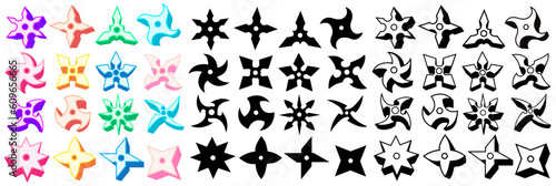 Set trendy shuriken icon logo. Ninja stars throwing weapon design vector llustration © Javanism