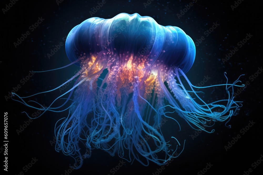 Iridescent Blue Glow of a Jellyfish in the Ocean Iridescent Blue Glow of a Jellyfish in the Ocean