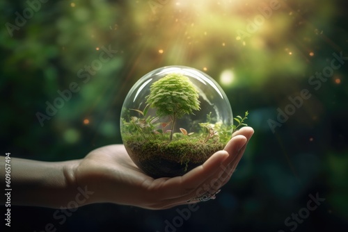 Hand Holding and Nurturing a Growing Plant Encased in a Sphere