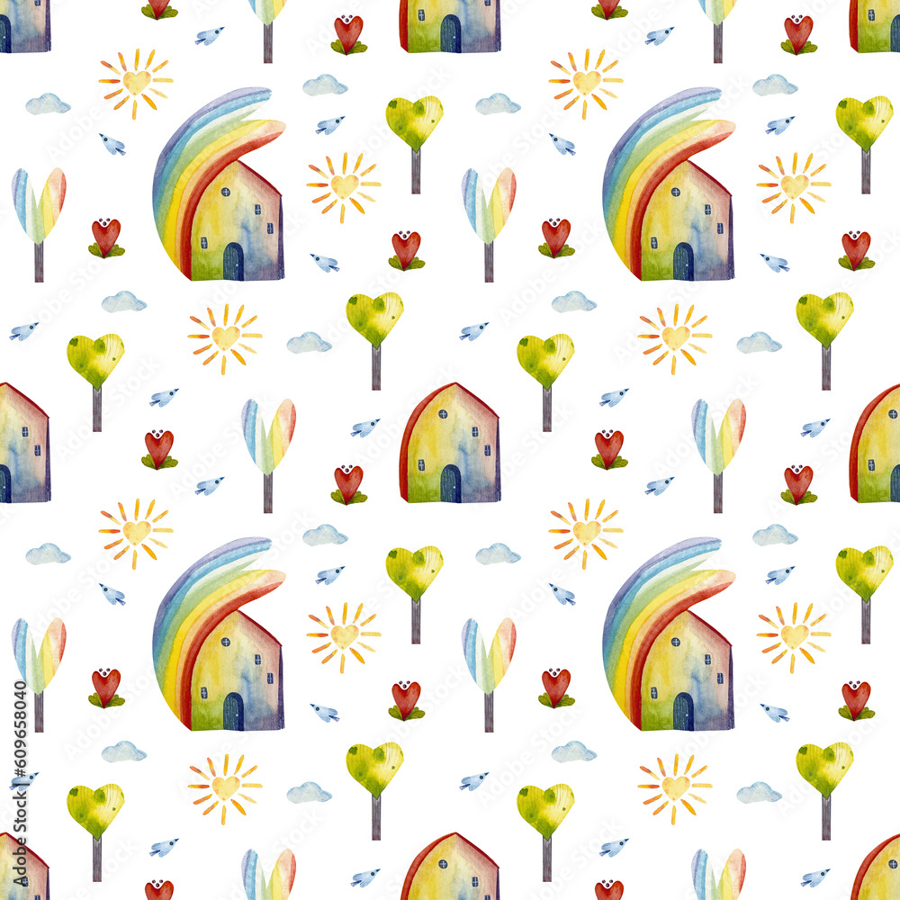 Rainbow watercolor seamless pattern. Background with houses, trees, sun, flowers. Cute texture for decor, wrapping paper, print, cover.