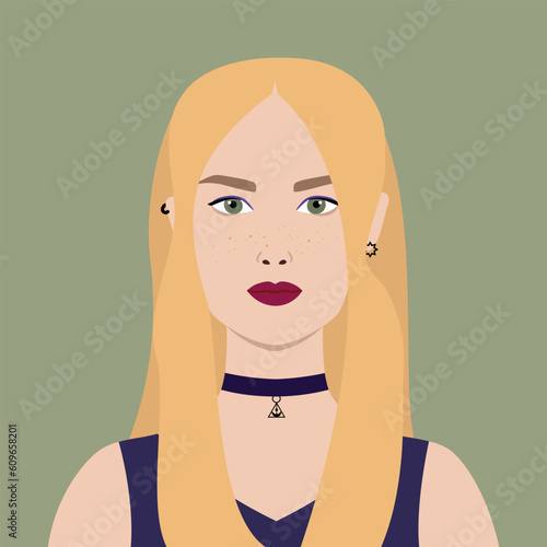 Portrait of a beautiful informal woman with blonde hair and piercing. Avatar for social media. Abstract female portrait in flat style