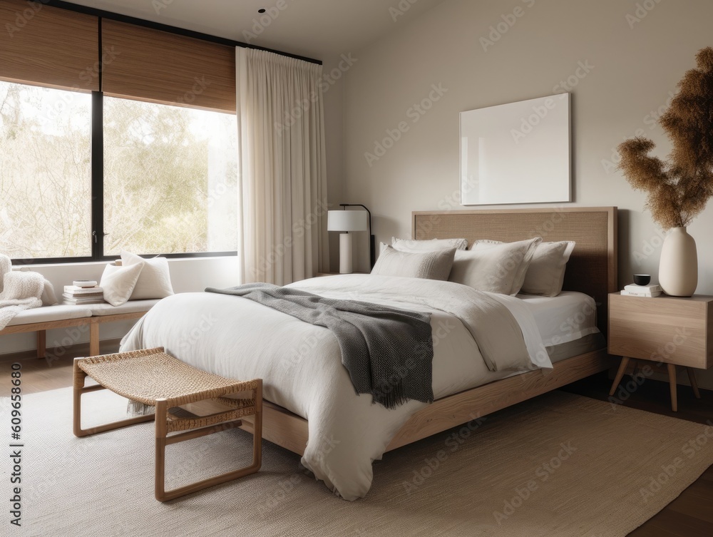 Bright beige wooden bedroom, minimal modern style. Generative AI Bright beige wooden bedroom, minimal modern style. Generative AI