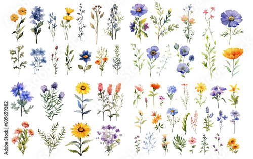 Watercolor flowers on a white background without shadows for illustration.