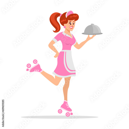 Girl Waitress Holding Food Cover On Roller Skate. Restaurant Worker Character Cartoon Illustration Vector