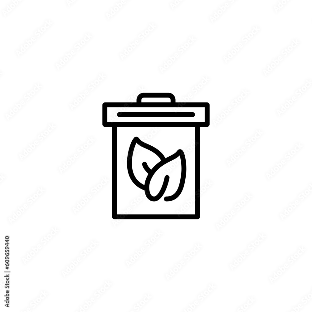 Rubbish bin with leaf energy. Vector line icon black and white with green eco energy theme Rubbish bin with leaf energy. Vector line icon black and white with green eco energy theme