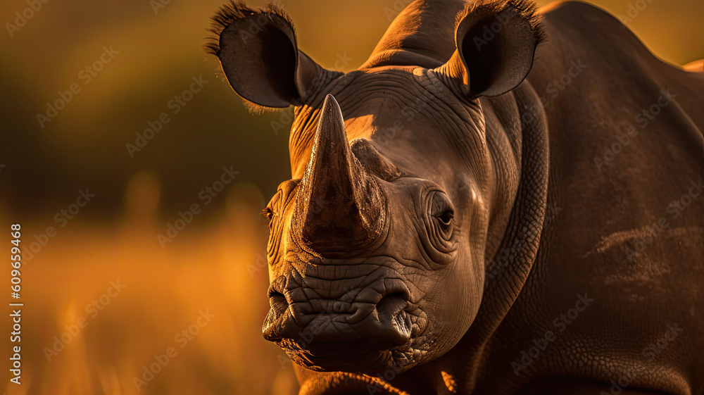 beautiful rhinoceros in golden hour created with Generative AI technology