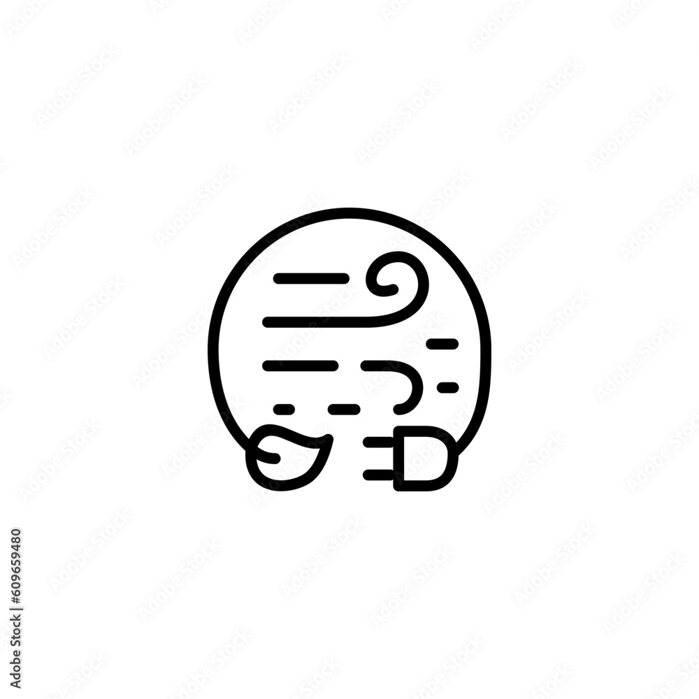 Combination cycle plug and leaf with air wind. Vector line icon black and white with green eco energy theme Combination cycle plug and leaf with air wind. Vector line icon black and white with green eco energy theme