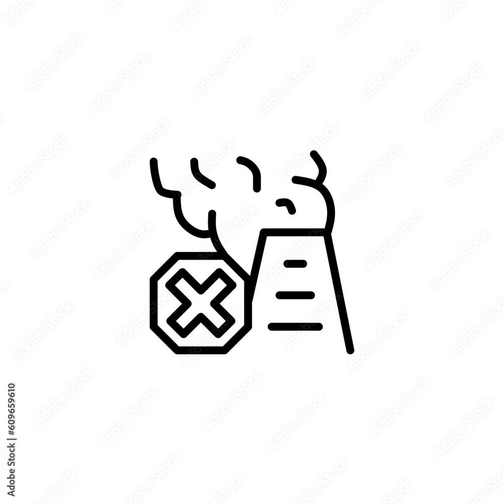 Ban forbidden smoke fog power plant. Vector line icon black and white with green eco energy theme Ban forbidden smoke fog power plant. Vector line icon black and white with green eco energy theme