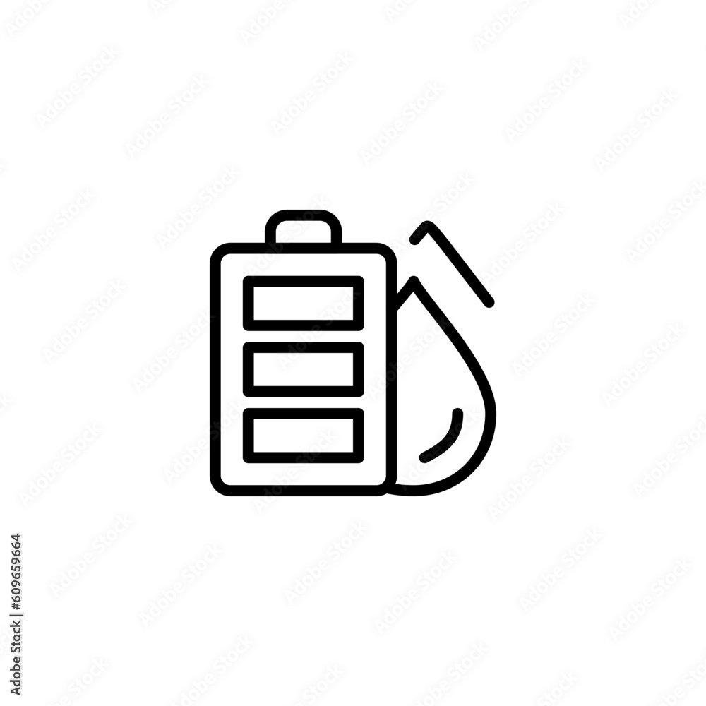 Fototapeta premium Battery with water energy. Vector line icon black and white with green eco energy theme
