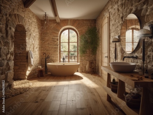 vintage style bathroom with brick wall, window and natural light. Generative AI