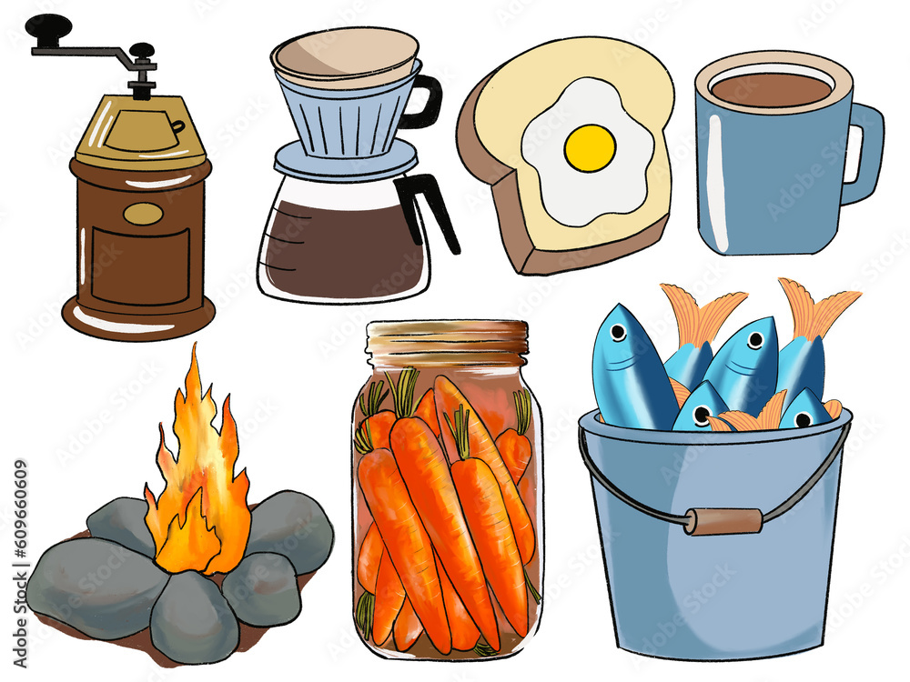 Hand drawn camping and outdoor recreation elements, isolated on white ...