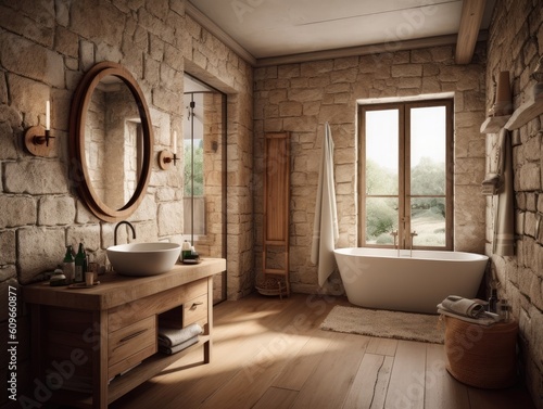 vintage style bathroom with brick wall  window and natural light. Generative AI