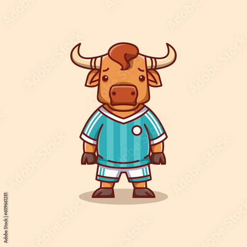 minimalist cute bull animal wearing soccer shirt cartoon flat icon vector Illustration design. simple modern cute bull isolated flat cartoon style