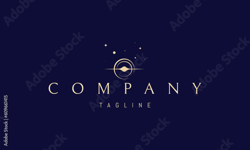 Vector golden logo on which an abstract image of a black hole on the background of the planet.