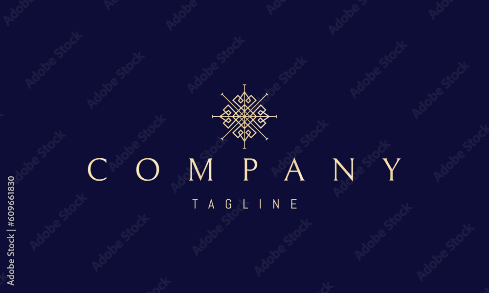 Vector golden logo on which an abstract image of a decorative pattern in a linear style.