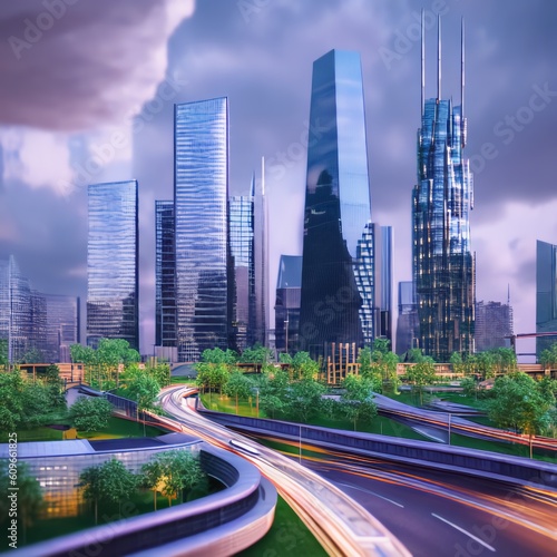 high-tech urban landscape with glass and metal buildings