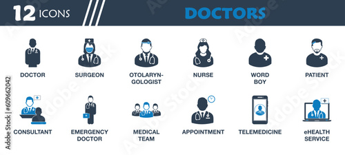 Doctor Icon Set. Collection of Surgeon, Nurse, Word Boy, Patient, Consultant, Emergency, Medical Team, Online Health Service and More Icons. Editable Flat Vector Illustration.