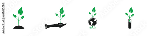 Plant Icon Set. Collection of Tree, Green Leaves, Care, Globe, Test Tube, Hand, Soil, Seeding, Nature and More Icons. Editable Flat Vector Illustration.