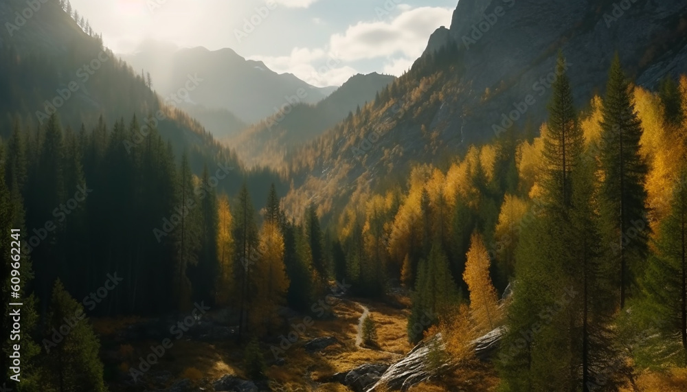Autumn landscape of a coniferous forest against the backdrop of mountains.Generative AI technology.