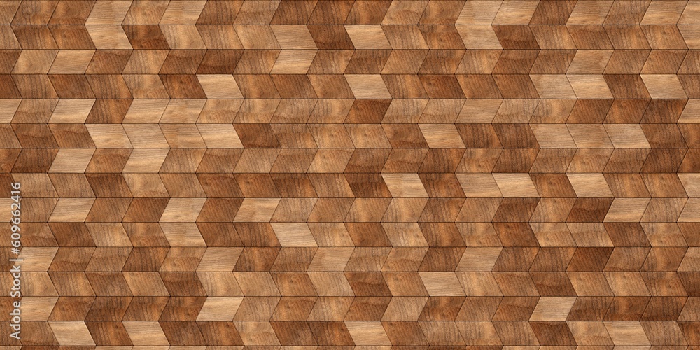 Close up of rhomboid wooden cubes or blocks herringbone surface background texture, empty floor or wall hardwood wallpaper