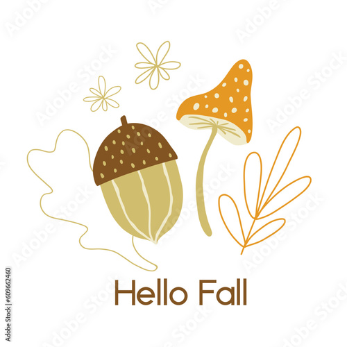 Autumn acorn and mushroom with leaves. Fall season. Hand drawing flat vector illustration. 