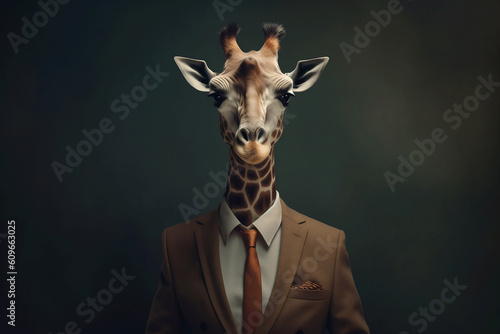 Portrait of a Giraffe dressed in a formal business suit, Boss Giraffe, created with generative AI