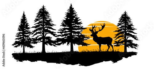 Black silhouette of wild deer and forest fir trees, sunset sunrise sun, wildlife adventure hunting landscape panorama illustration icon vector for logo, isolated on white background (Generative Ai)