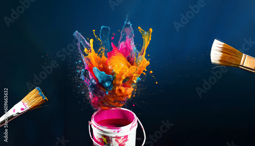 Generative AI of Color splashes out from the paint bucket with the paintbrush.