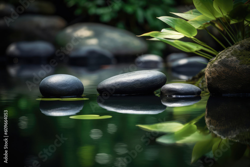 Zen stones pyramid on water surface, green leaves over it, generative AI