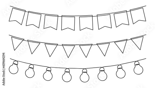 Flags and light bulbs for birthday in one line. Festive decorations for holiday or festival. Continuous line style. Vector