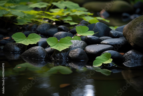 Zen stones pyramid on water surface  green leaves over it  generative AI