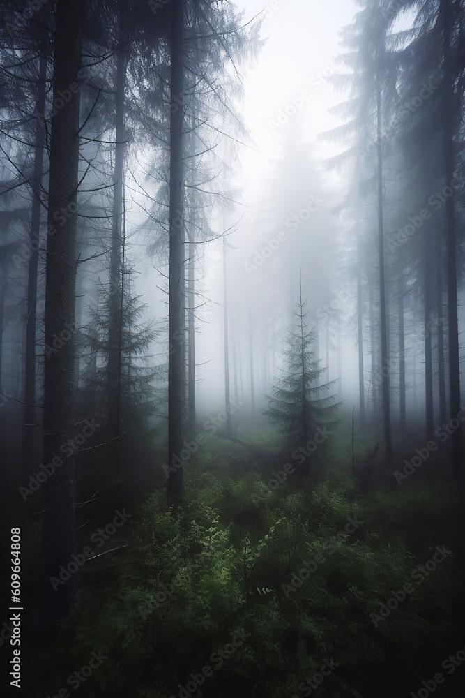 Fototapeta premium dark spruce forest covered with thick fog