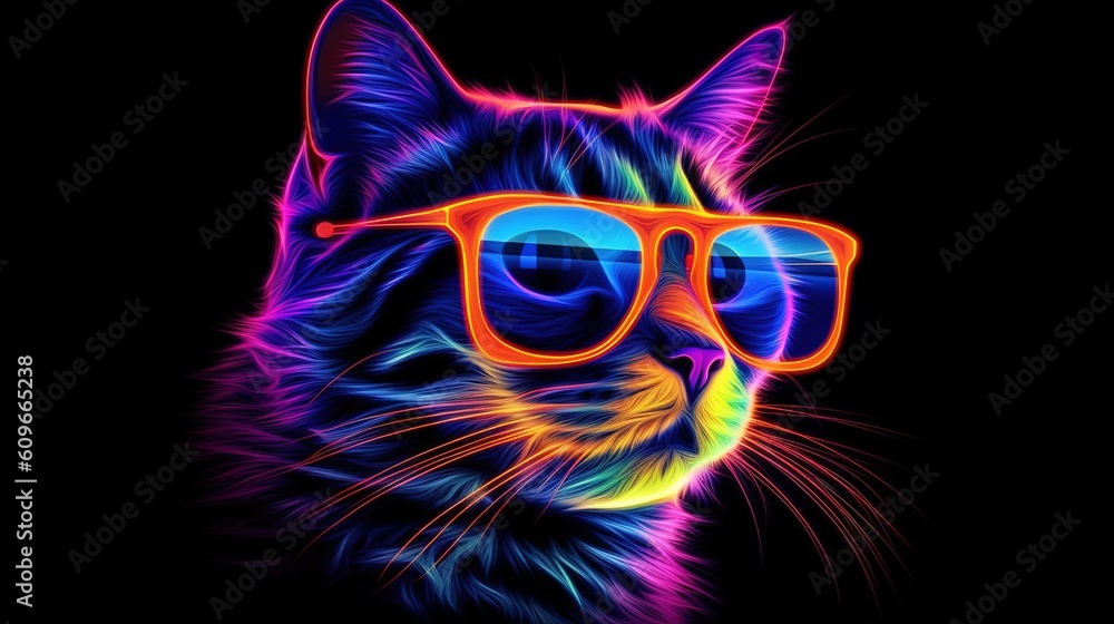 Fototapeta premium Stylish cat in trendy glasses in futuristic style and neon colors. Generative AI illustration. Printable design for t-shirts, mugs, cases, etc.