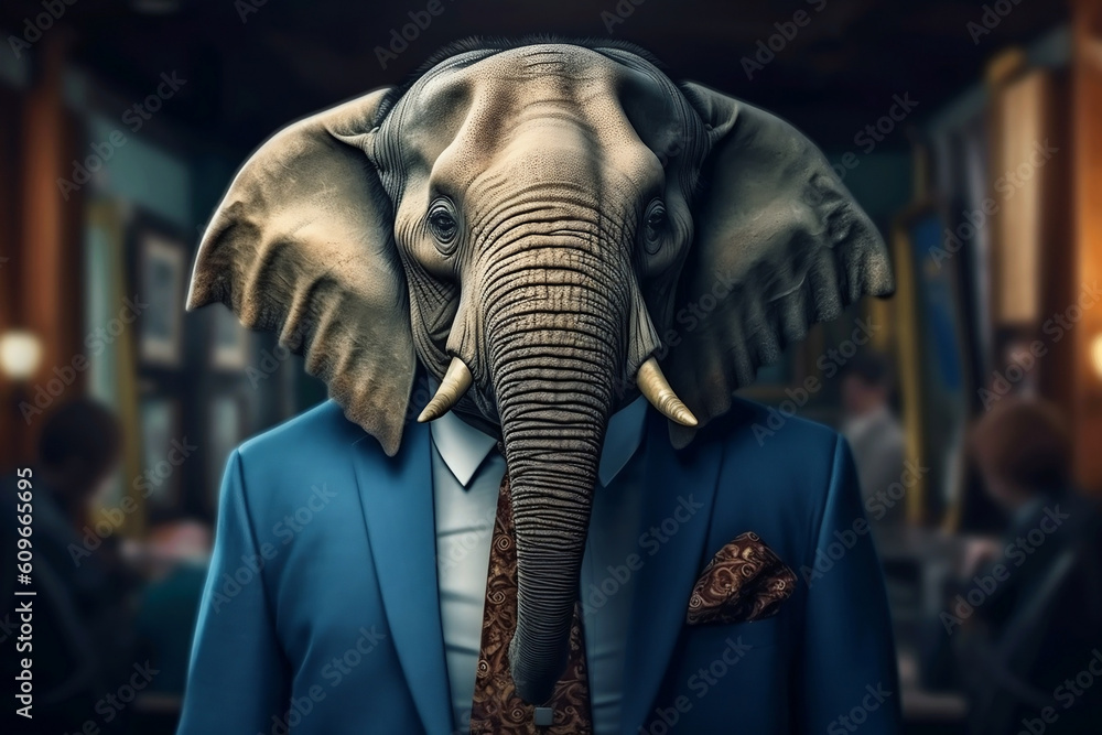 Portrait of a Elephant dressed in a formal business suit, Boss Elephant, created with generative AI