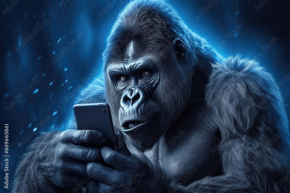 Cute Funny Gorilla Holding Mobile Phone extreme closeup. Generative AI