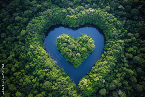 A Heart Shaped River Flows in the Middle of the Jungle, Aerial View. Generative AI