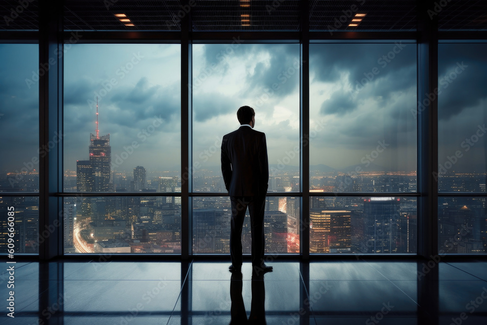Businessman Looking Through the Window on Big Modern City in His Office. Generative AI