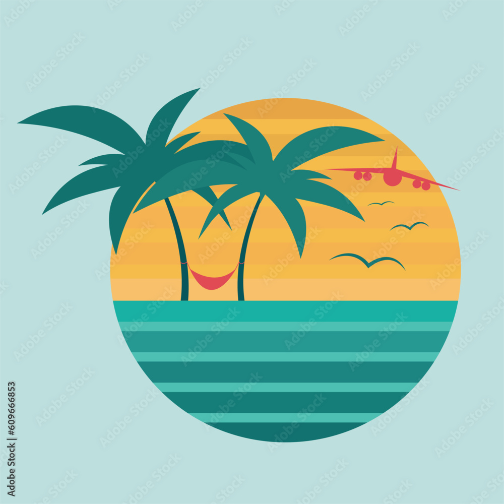 Vector travel logo with symbol of airplane, palm tree and seagulls	