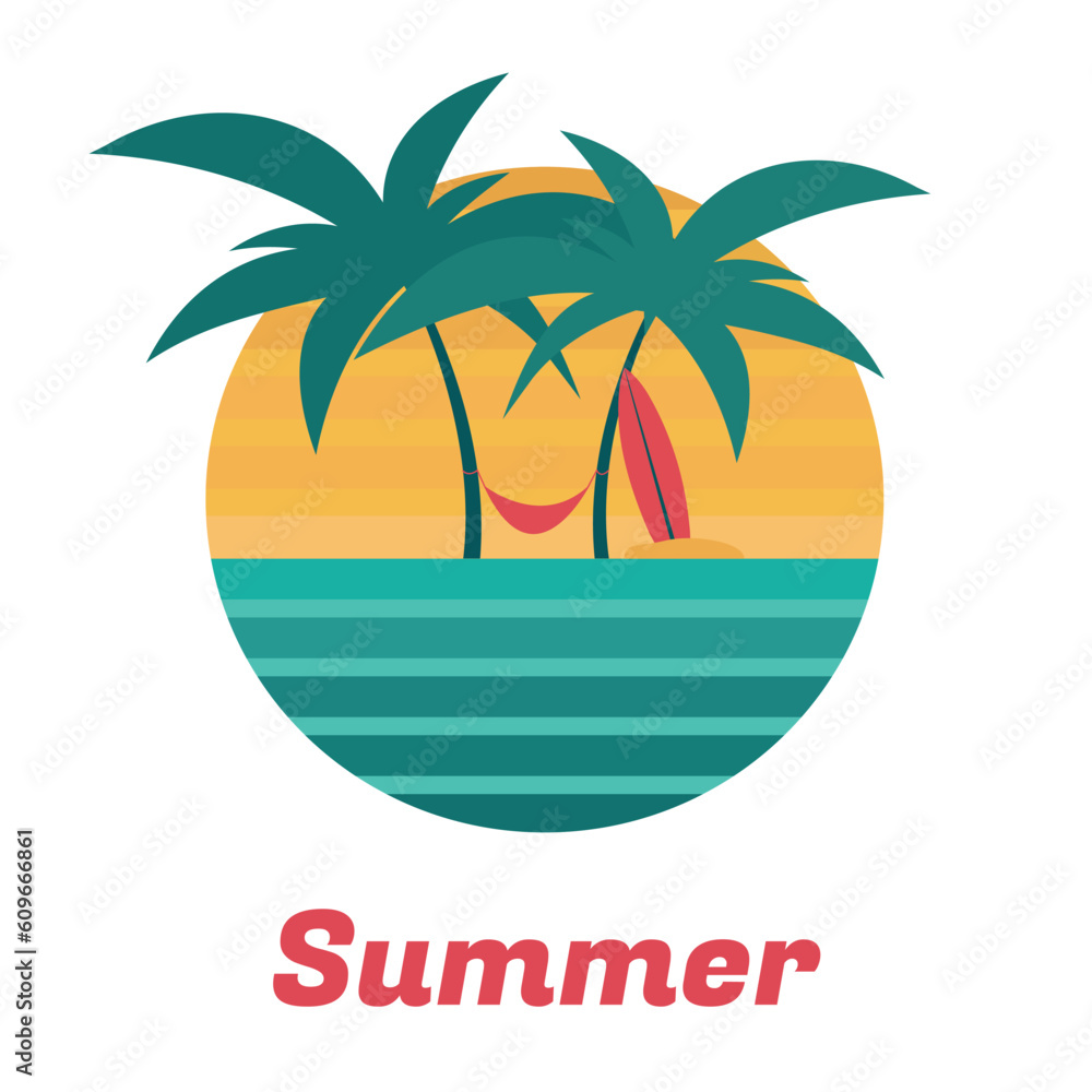 Vector travel logo with symbol of  palm tree, surfboard