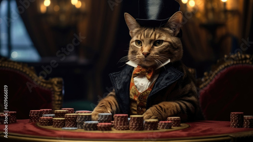 A croupier cat in a suit sits at a playing table in a casino, gambling, poker for money, leisure. AI generated.
