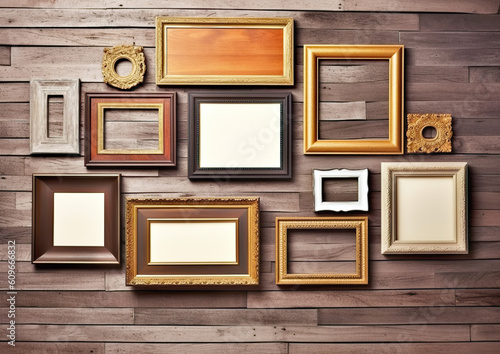 Set of empty picture frames, free space inside, isolated plank background. Wooden frames for further use. AI generated.