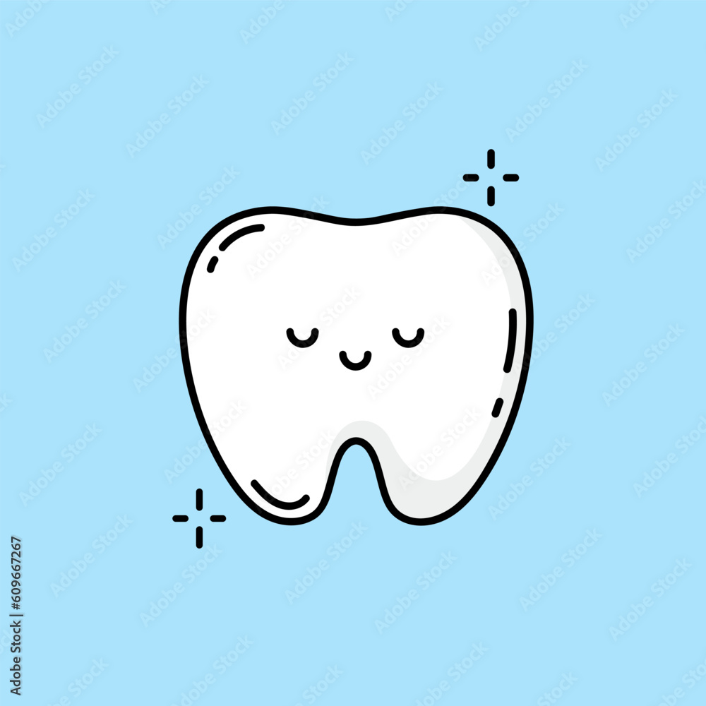 Clean tooth with sparkles. Smiling tooth sparkles. The concept of brushing teeth. Child character for dentistry. Vector illustration in doodle style Clean tooth with sparkles. Smiling tooth sparkles. The concept of brushing teeth. Child character for dentistry. Vector illustration in doodle style