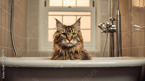 Funny cat in the bathroom, preparing to bathe, hygiene procedures, washing with water. AI generated.