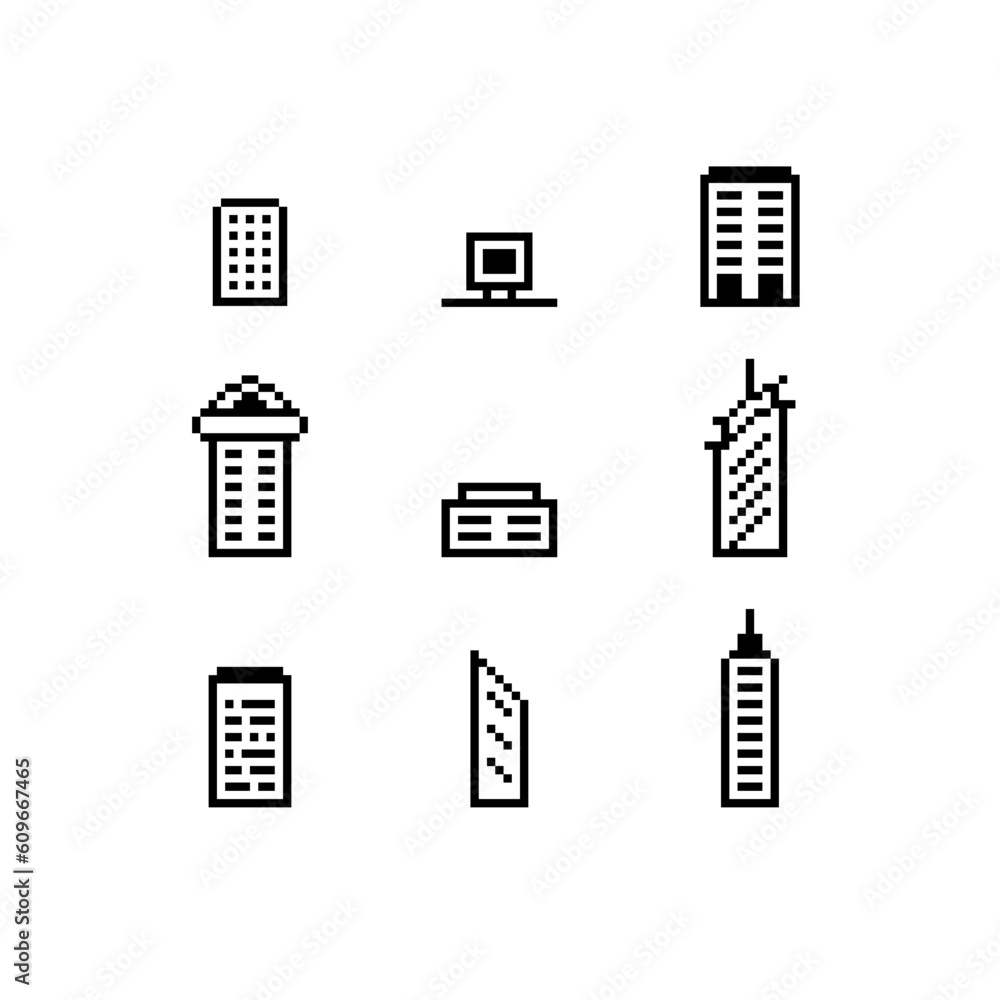 Set of Minimal Building 8bit pixelated style for Icon, Infographic design. Set of Minimal Building 8bit pixelated style for Icon, Infographic design.